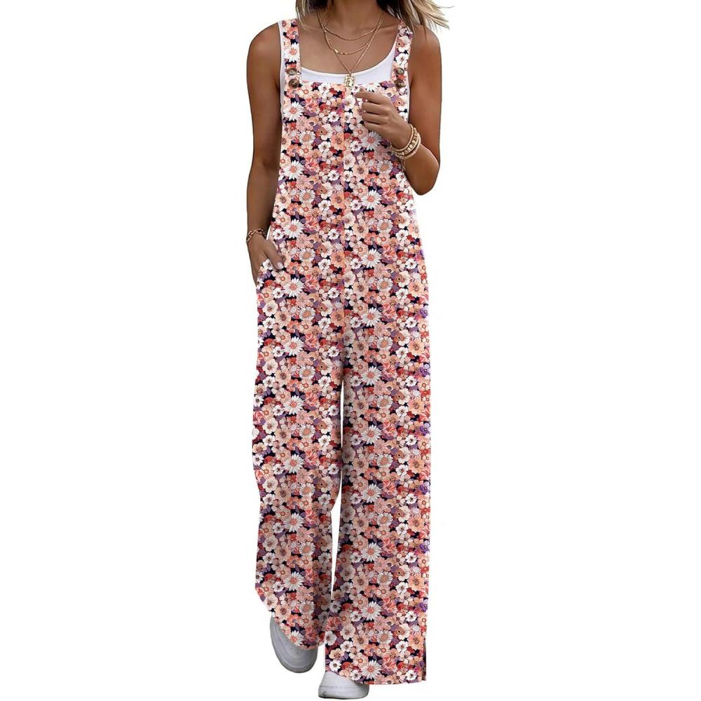 imageEkouaer Overalls for Women Loose Wide Leg Jumpsuits Casual One Piece Floral Boho Outfits Baggy Jumpers Comfy Summer RompersOrange Pink Floral