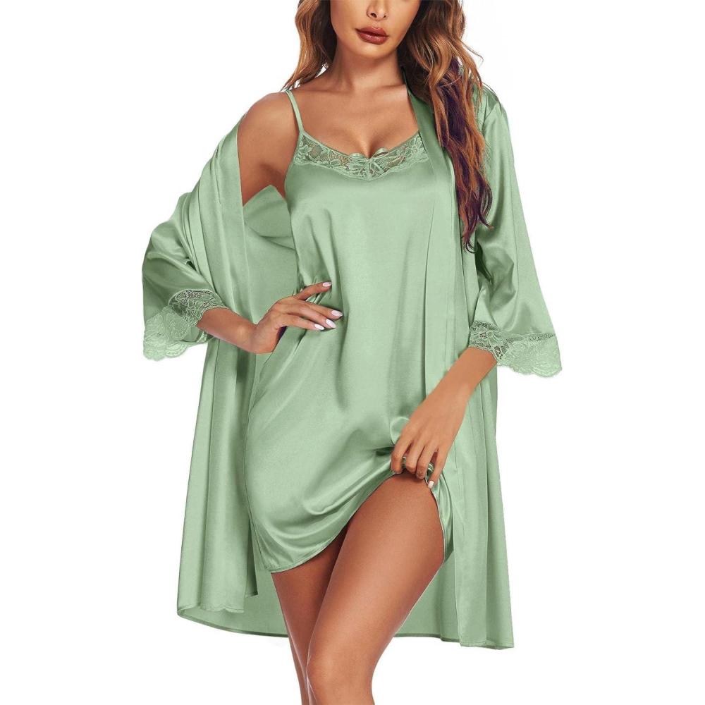 imageEkouaer Sleepwear Womens Satin Nightgown with Robes Set 2 Piece Sexy Lace Cami NightwearLight Green