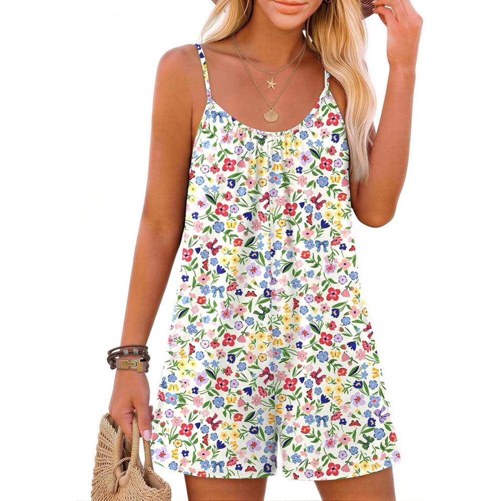 imageEkouaer Summer Rompers for Women Boho Beach Vacation Outfits Sleeveless Loose Shorts Overalls 2026 Jumpsuit With PocketsBowtie Flowers