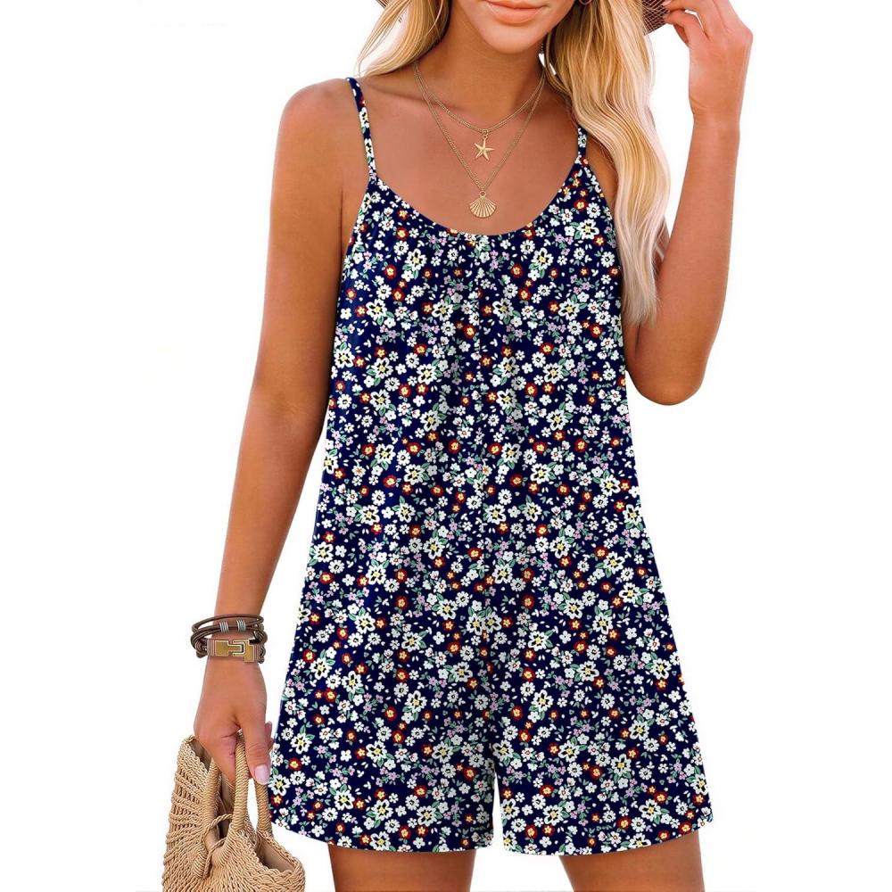 imageEkouaer Summer Rompers for Women Boho Beach Vacation Outfits Sleeveless Loose Shorts Overalls 2026 Jumpsuit With PocketsDark Blue Floral
