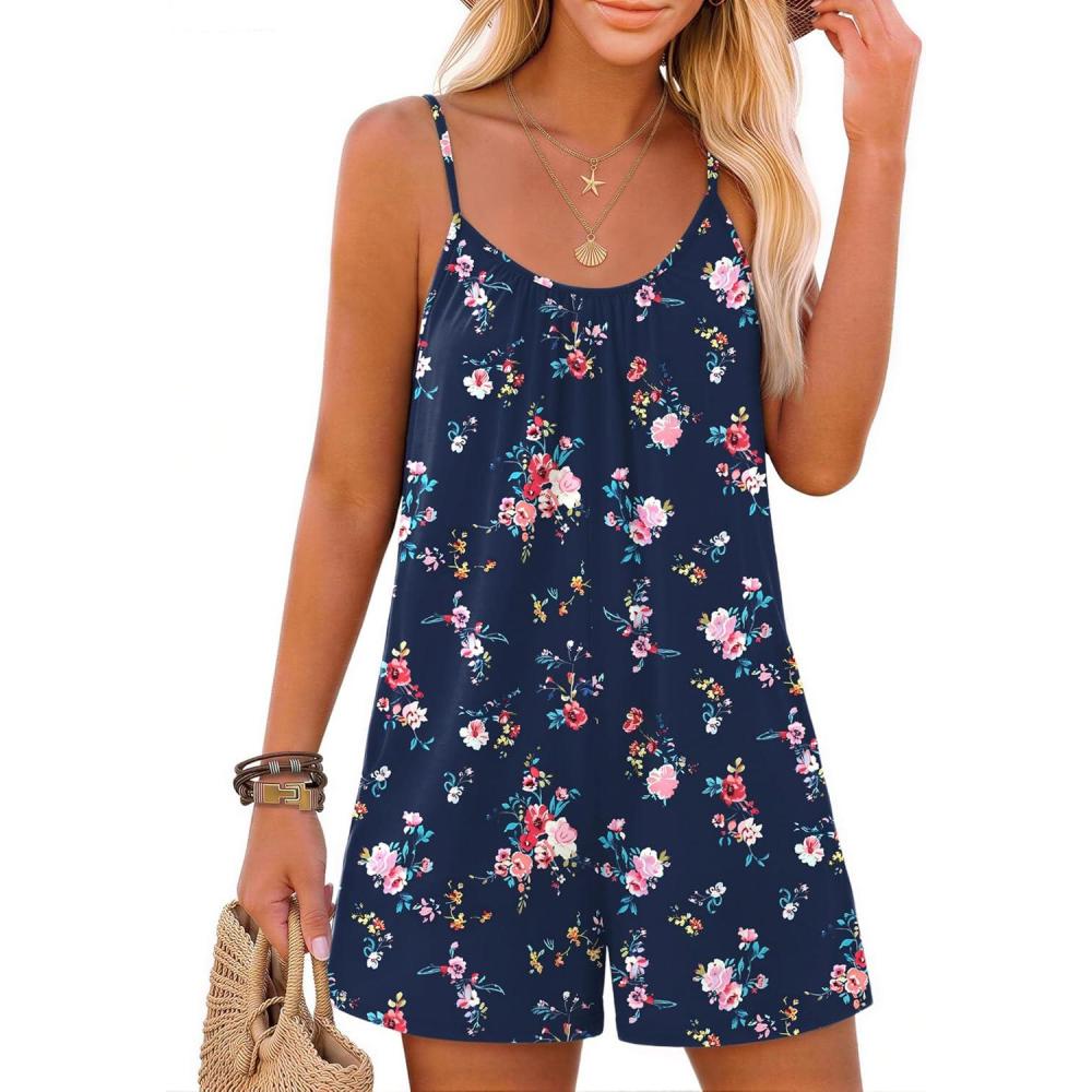 imageEkouaer Summer Rompers for Women Boho Beach Vacation Outfits Sleeveless Loose Shorts Overalls 2026 Jumpsuit With PocketsNavy Blue Floral