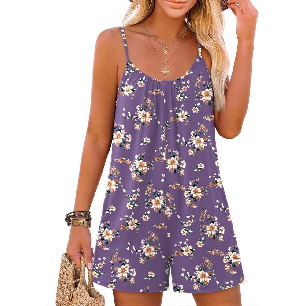 imageEkouaer Summer Rompers for Women Boho Beach Vacation Outfits Sleeveless Loose Shorts Overalls 2026 Jumpsuit With PocketsPurple Floral
