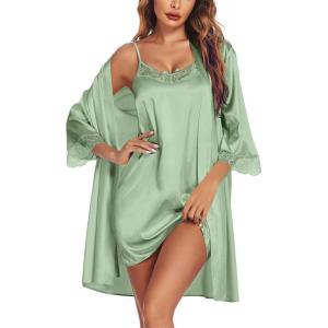 Ekouaer Sleepwear Women’s Satin Nightgown with Robes Set 2 Piece Sexy Lace Cami Nightwear(Light Green)
