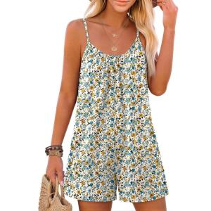 Ekouaer Summer Rompers for Women Boho Beach Vacation Outfits Sleeveless Loose Shorts Overalls 2026 Jumpsuit With Pockets(A-white Floral)