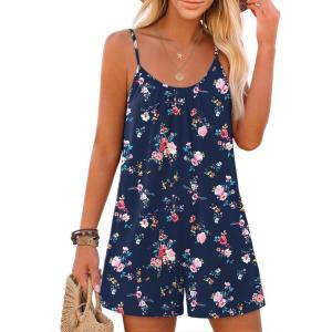 Ekouaer Summer Rompers for Women Boho Beach Vacation Outfits Sleeveless Loose Shorts Overalls 2026 Jumpsuit With Pockets(Navy Blue Floral)