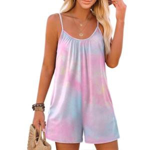 Ekouaer Summer Rompers for Women Boho Beach Vacation Outfits Sleeveless Loose Shorts Overalls 2026 Jumpsuit With Pockets(Pink Tie-dye)