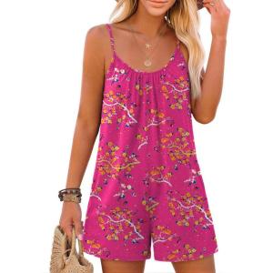 Ekouaer Summer Rompers for Women Boho Beach Vacation Outfits Sleeveless Loose Shorts Overalls 2026 Jumpsuit With Pockets(Rose Pink Floral)
