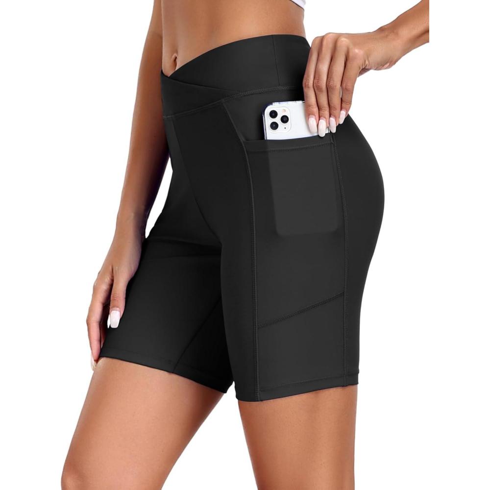 imageEkouaer Womens 85 Board Shorts High Waisted Swim Shorts Cross Waist Beach Surf Swimwear Swimsuit Bottoms with Pocket S3XLAblack01