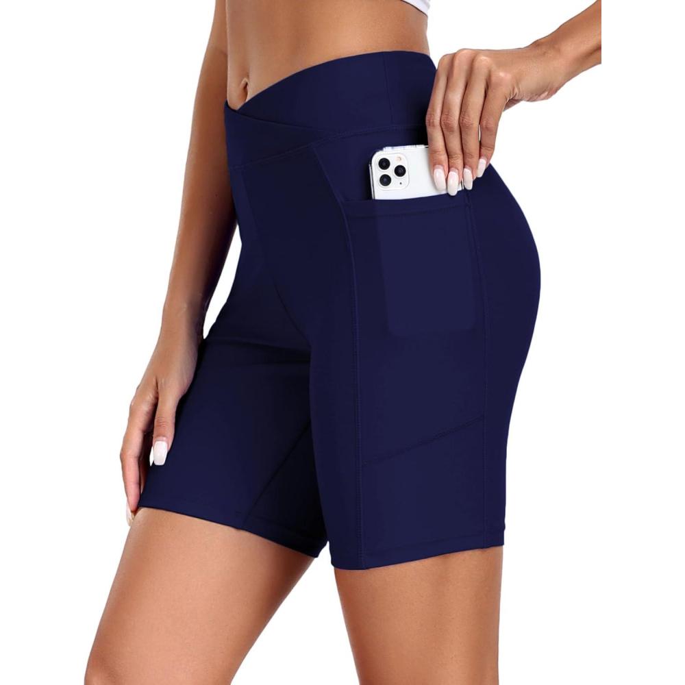 imageEkouaer Womens 85 Board Shorts High Waisted Swim Shorts Cross Waist Beach Surf Swimwear Swimsuit Bottoms with Pocket S3XLAnavy Blue01