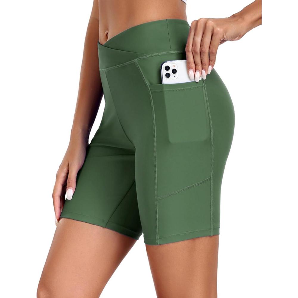 imageEkouaer Womens 85 Board Shorts High Waisted Swim Shorts Cross Waist Beach Surf Swimwear Swimsuit Bottoms with Pocket S3XLArmy Green