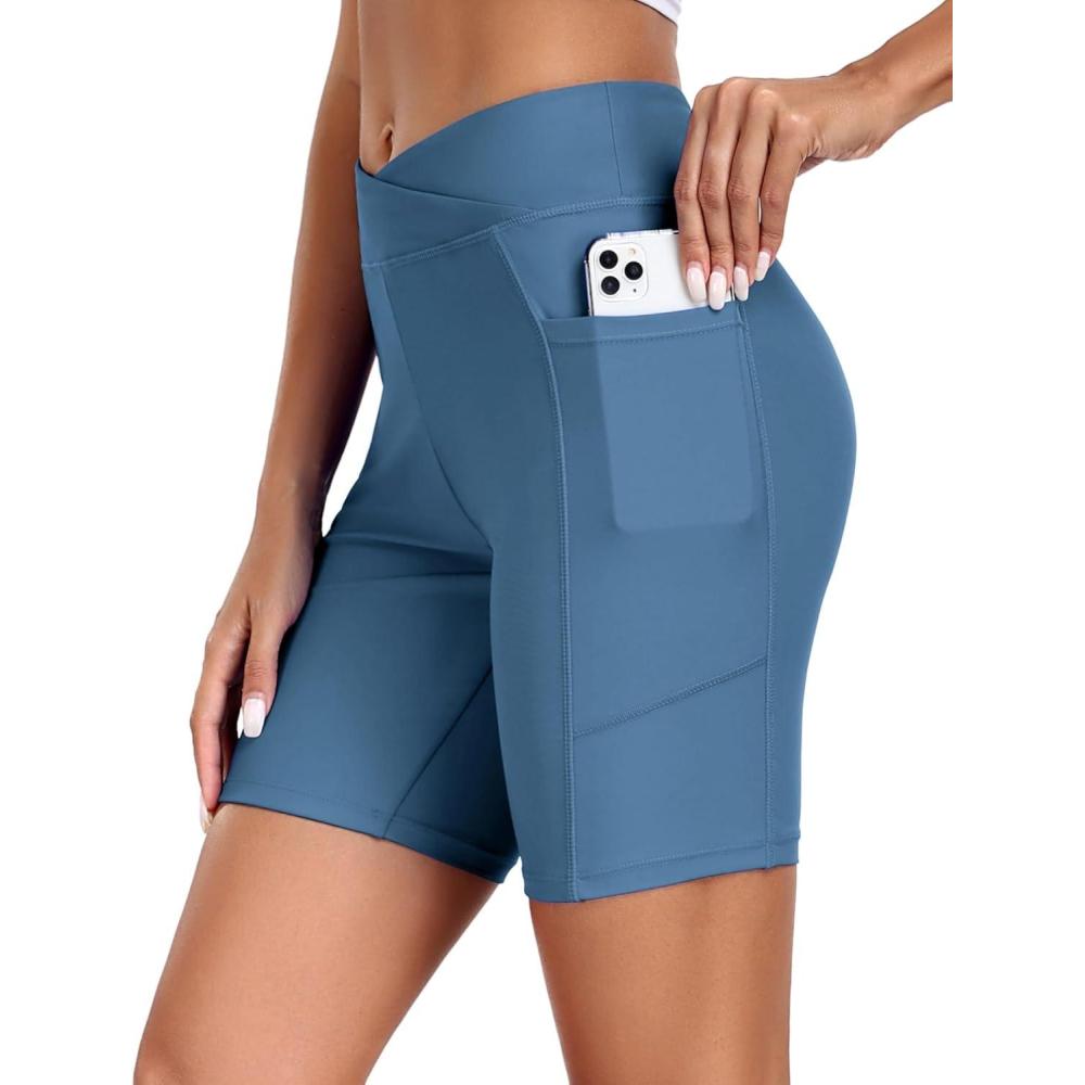 imageEkouaer Womens 85 Board Shorts High Waisted Swim Shorts Cross Waist Beach Surf Swimwear Swimsuit Bottoms with Pocket S3XLDark Blue