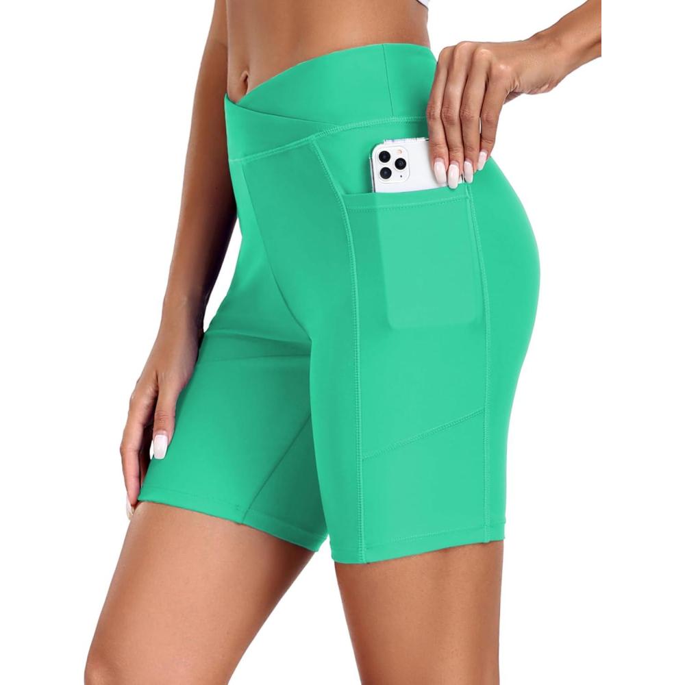 imageEkouaer Womens 85 Board Shorts High Waisted Swim Shorts Cross Waist Beach Surf Swimwear Swimsuit Bottoms with Pocket S3XLIce Green