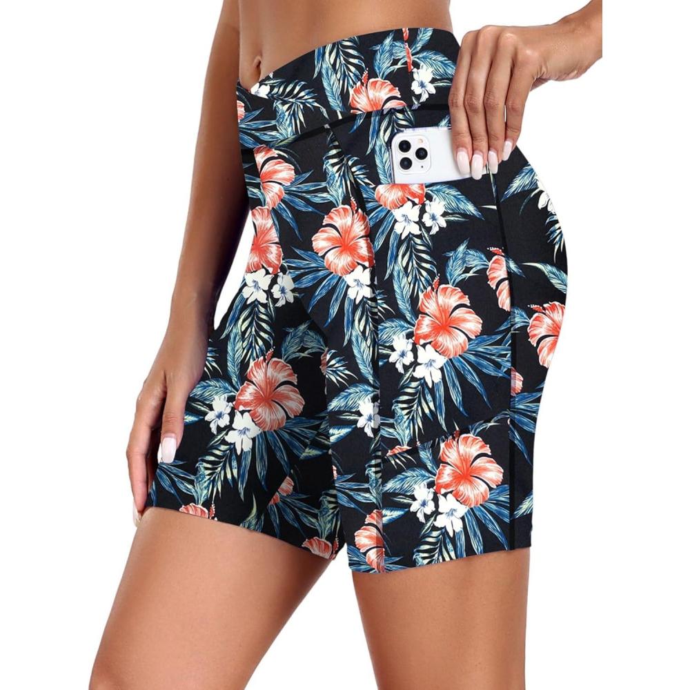 imageEkouaer Womens 85 Board Shorts High Waisted Swim Shorts Cross Waist Beach Surf Swimwear Swimsuit Bottoms with Pocket S3XLRed Flower Green Leaves