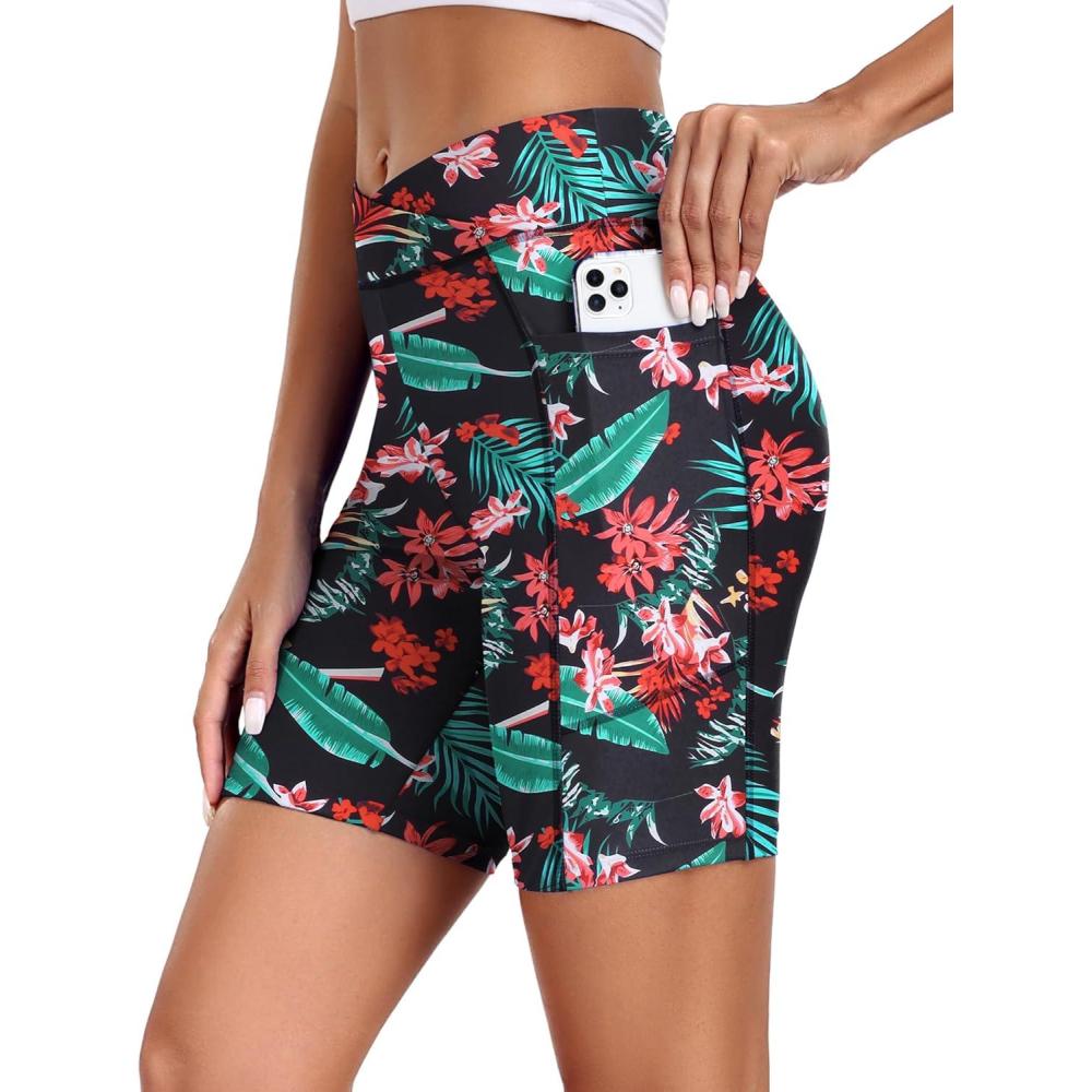 imageEkouaer Womens 85 Board Shorts High Waisted Swim Shorts Cross Waist Beach Surf Swimwear Swimsuit Bottoms with Pocket S3XLRed Flowers Green Leaves