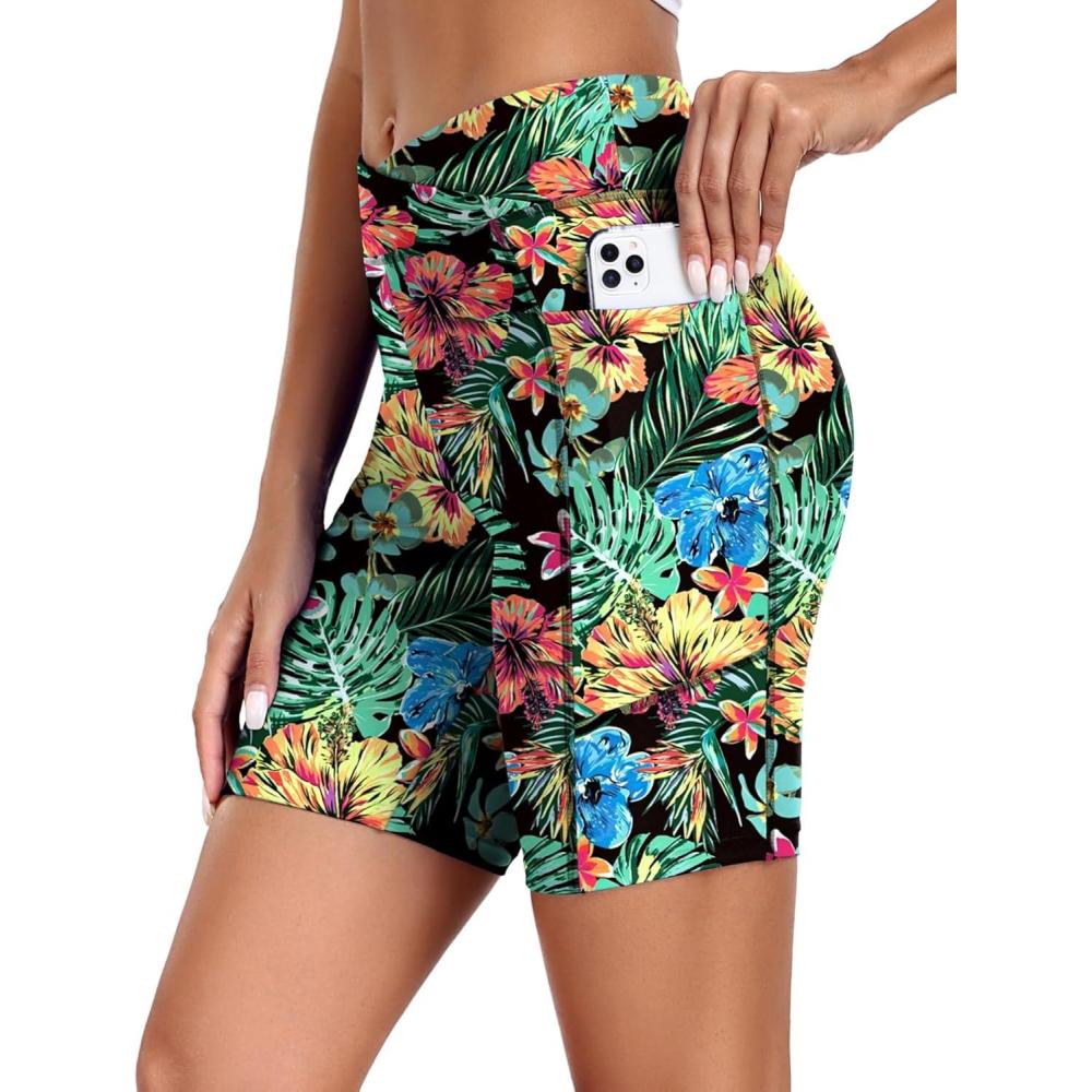 imageEkouaer Womens 85 Board Shorts High Waisted Swim Shorts Cross Waist Beach Surf Swimwear Swimsuit Bottoms with Pocket S3XLRed Tropical Flowers