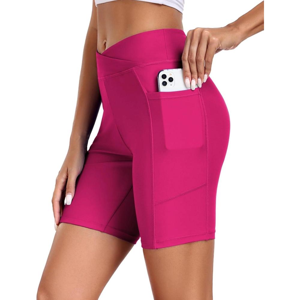 imageEkouaer Womens 85 Board Shorts High Waisted Swim Shorts Cross Waist Beach Surf Swimwear Swimsuit Bottoms with Pocket S3XLRose Red