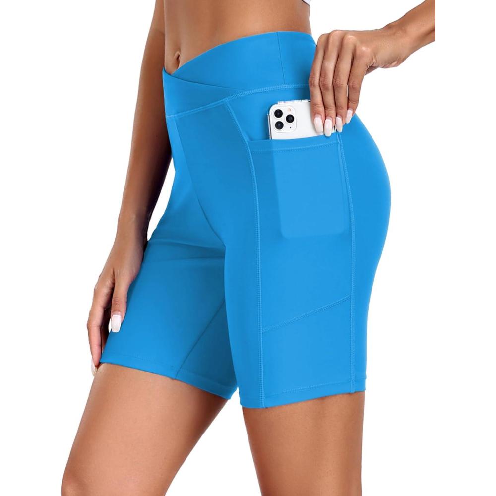 imageEkouaer Womens 85 Board Shorts High Waisted Swim Shorts Cross Waist Beach Surf Swimwear Swimsuit Bottoms with Pocket S3XLSea Blue