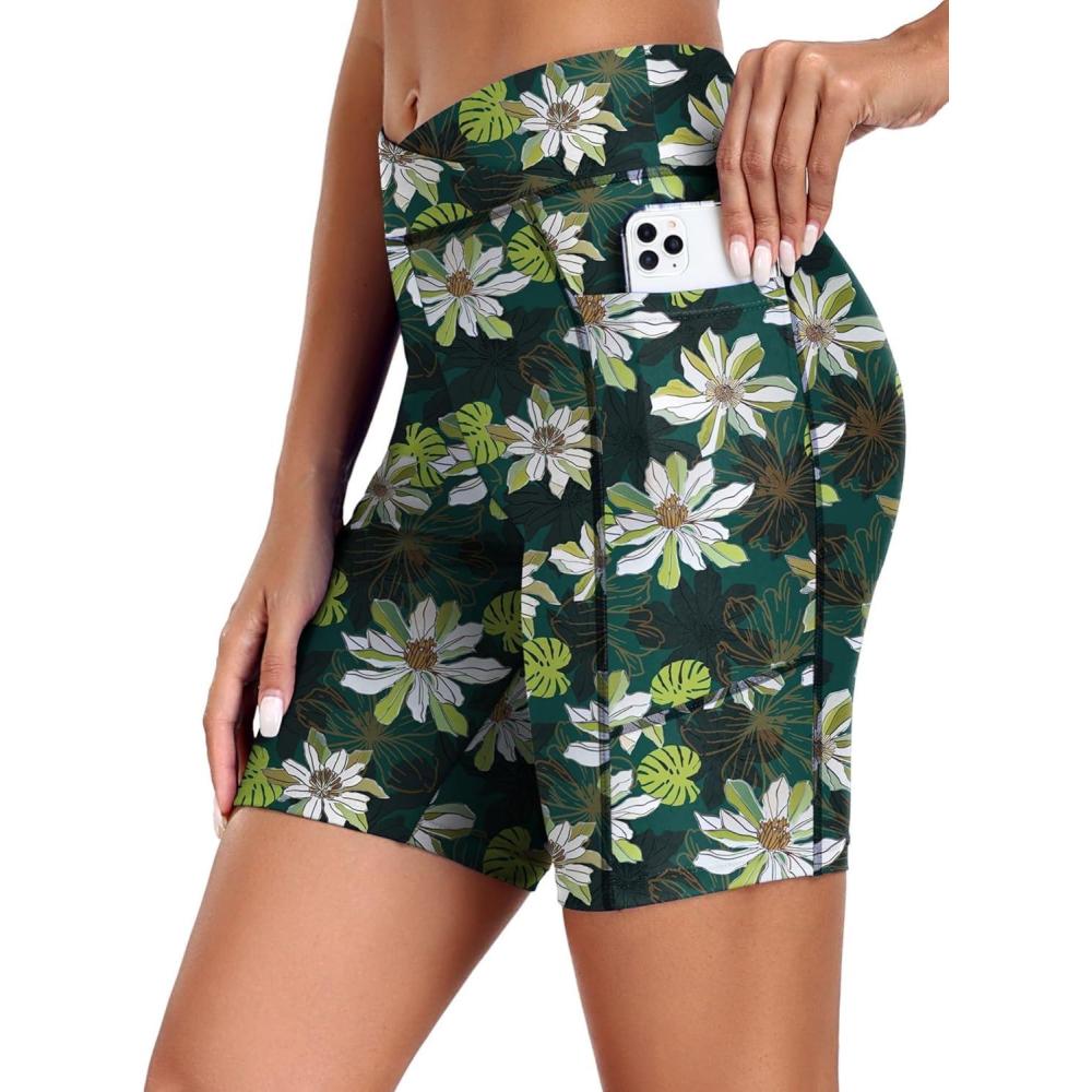 imageEkouaer Womens 85 Board Shorts High Waisted Swim Shorts Cross Waist Beach Surf Swimwear Swimsuit Bottoms with Pocket S3XLWhite Flowers Green Leaves