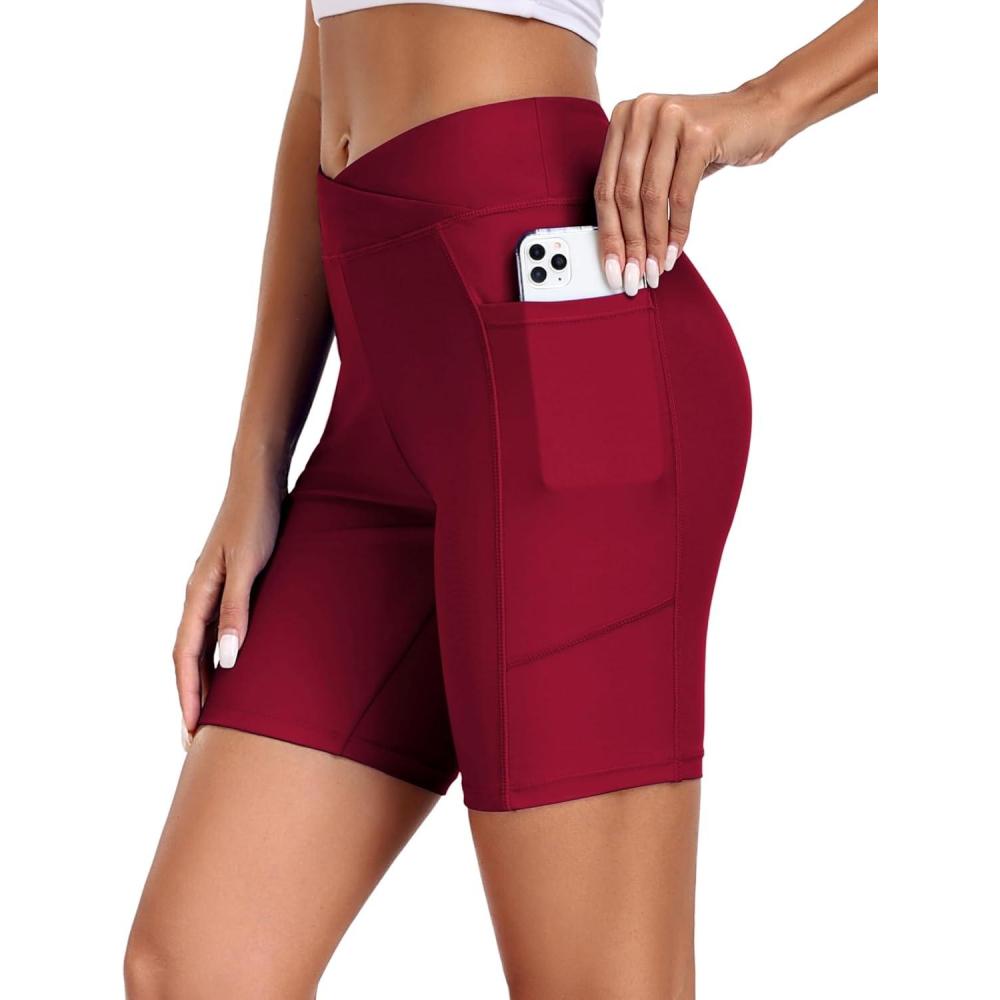 imageEkouaer Womens 85 Board Shorts High Waisted Swim Shorts Cross Waist Beach Surf Swimwear Swimsuit Bottoms with Pocket S3XLWine Red