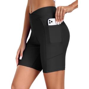 Ekouaer Women’s 8.5″ Board Shorts High Waisted Swim Shorts Cross Waist Beach Surf Swimwear Swimsuit Bottoms with Pocket S-3XL(A-black-01)