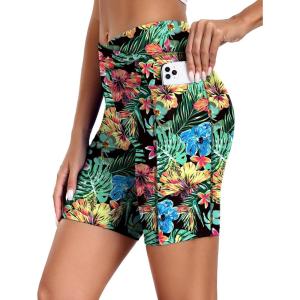 Ekouaer Women’s 8.5″ Board Shorts High Waisted Swim Shorts Cross Waist Beach Surf Swimwear Swimsuit Bottoms with Pocket S-3XL(A-red Tropical Flowers-01)