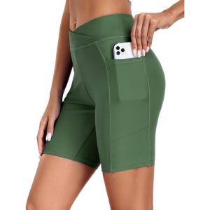 Ekouaer Women’s 8.5″ Board Shorts High Waisted Swim Shorts Cross Waist Beach Surf Swimwear Swimsuit Bottoms with Pocket S-3XL(Army Green)