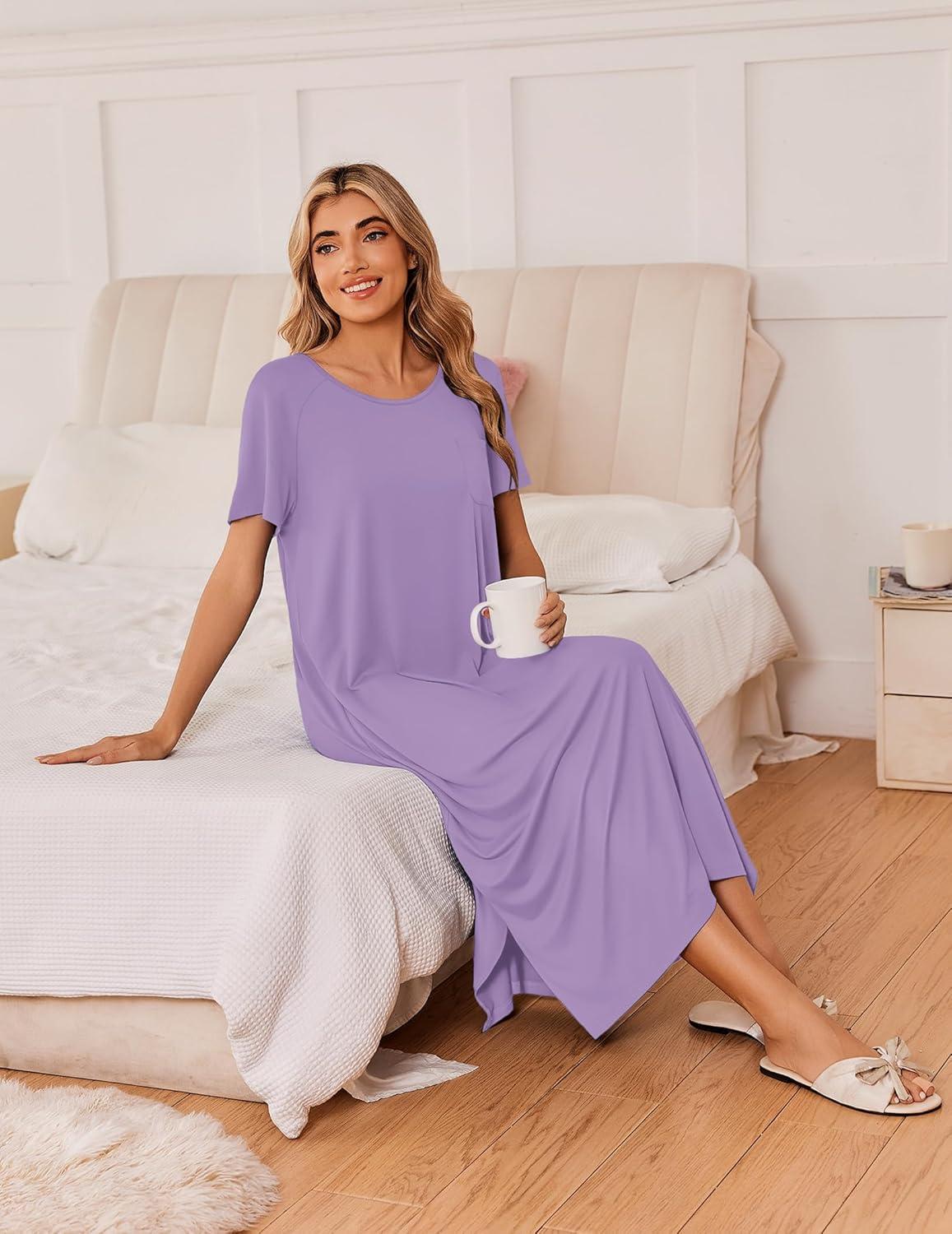 imageEkouaer Long Nightgowns for Women 3 Pack Night Gown Short Sleeve House Dress V Neck Lounge Dress Plus Size Sleep ShirtsBlackLilacGreen Flower
