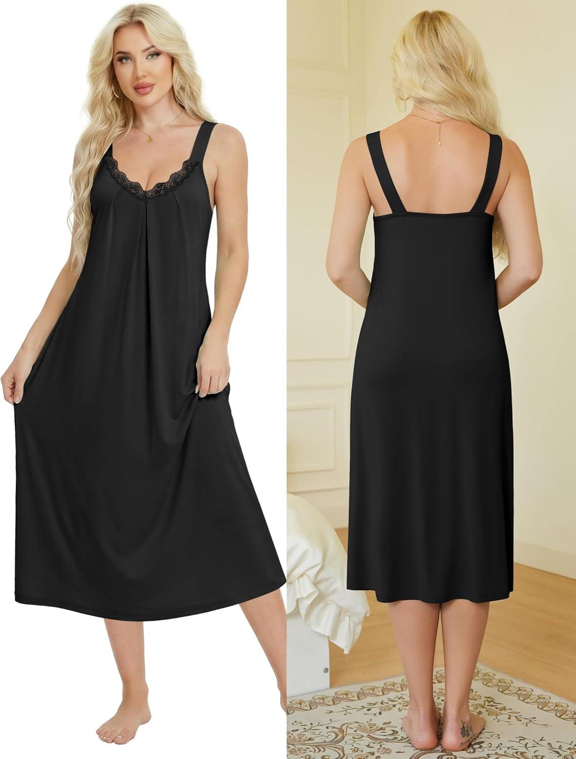 imageEkouaer Sleeveless Nightgowns for Women Lace Vneck Long Nightdress Wide Strap Sleepwear Soft Lounge DressesBlack