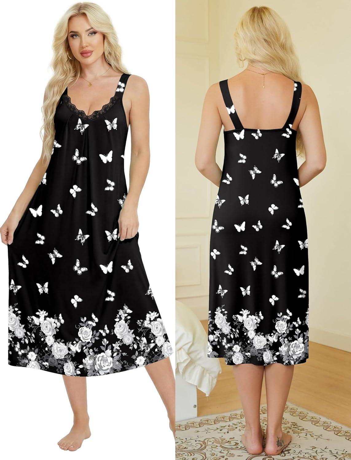 imageEkouaer Sleeveless Nightgowns for Women Lace Vneck Long Nightdress Wide Strap Sleepwear Soft Lounge DressesBlack Butterfly Floral