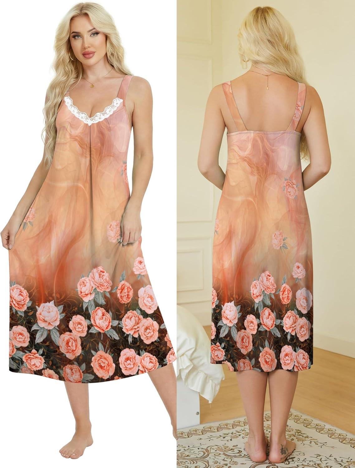 imageEkouaer Sleeveless Nightgowns for Women Lace Vneck Long Nightdress Wide Strap Sleepwear Soft Lounge DressesBrown Orange Floral