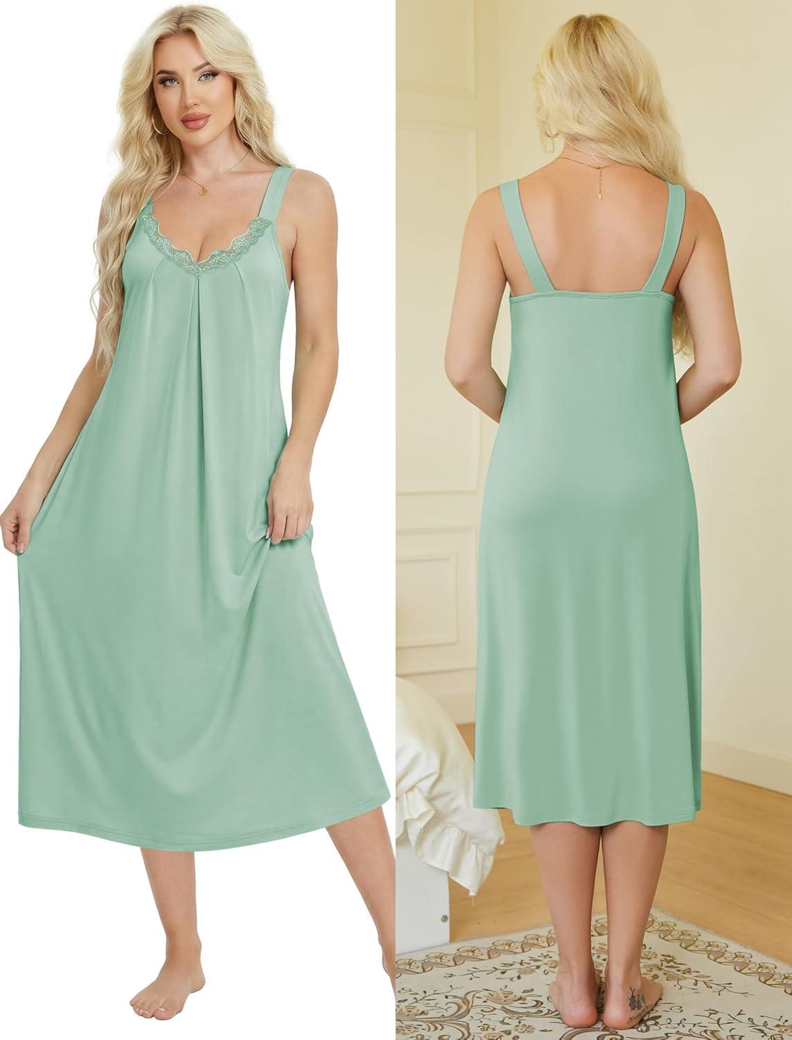 imageEkouaer Sleeveless Nightgowns for Women Lace Vneck Long Nightdress Wide Strap Sleepwear Soft Lounge DressesLight Green