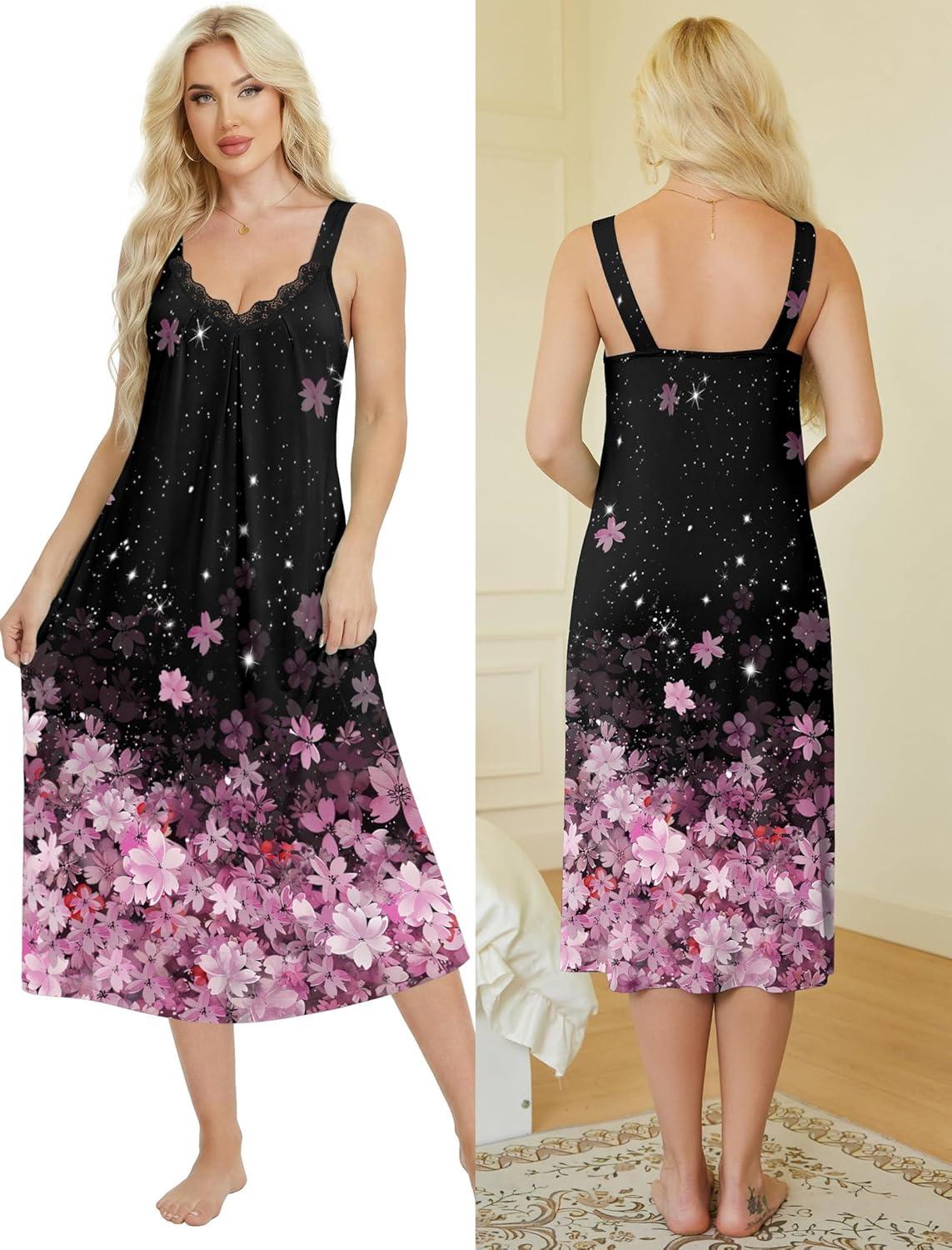 imageEkouaer Sleeveless Nightgowns for Women Lace Vneck Long Nightdress Wide Strap Sleepwear Soft Lounge DressesPink Floral