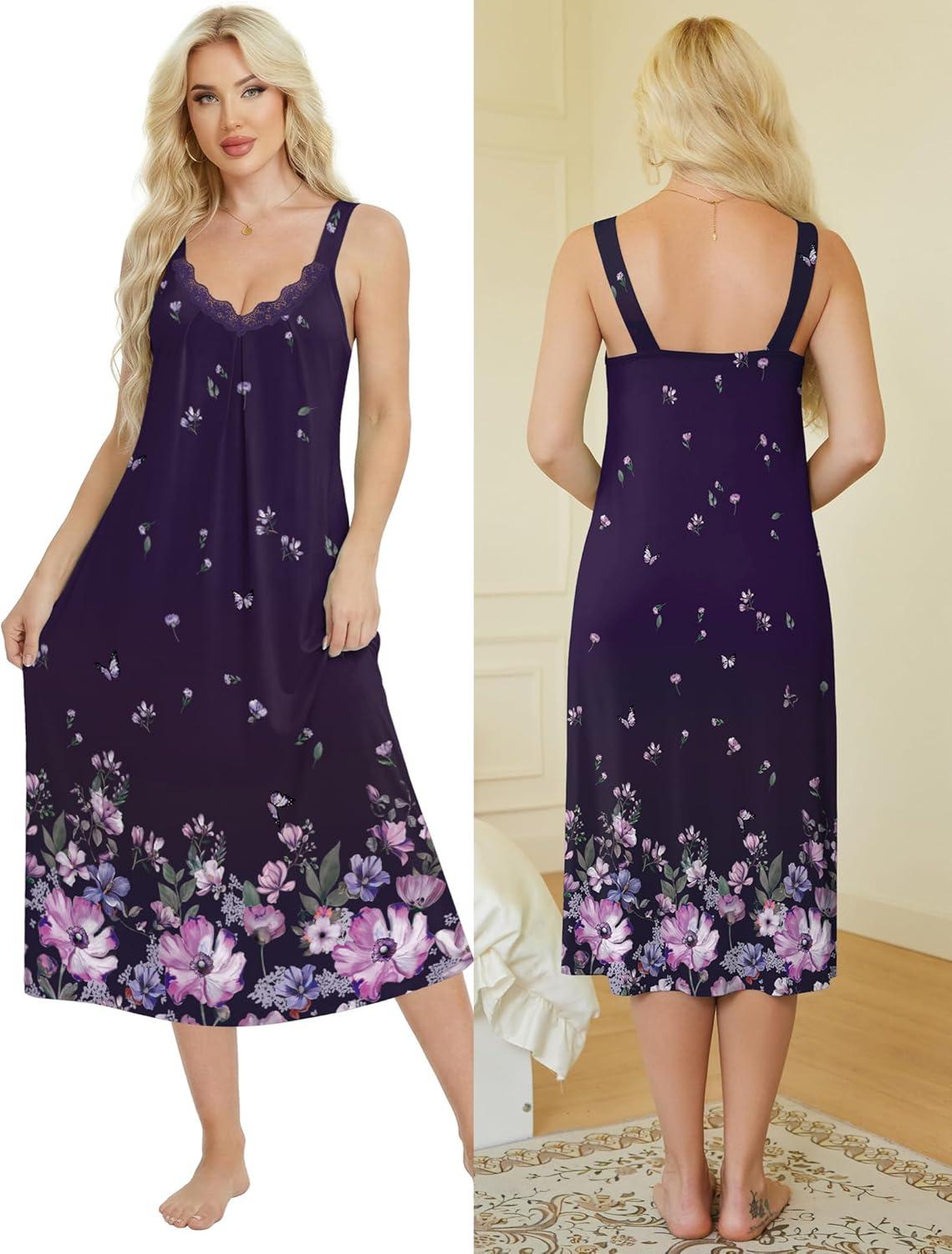 imageEkouaer Sleeveless Nightgowns for Women Lace Vneck Long Nightdress Wide Strap Sleepwear Soft Lounge DressesPurple Floral