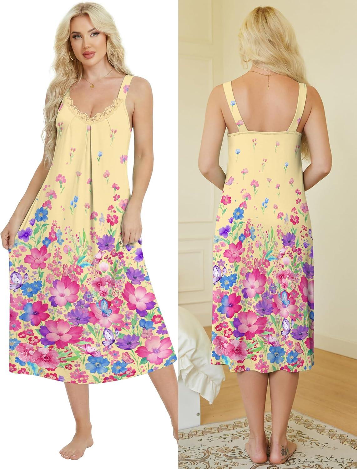 imageEkouaer Sleeveless Nightgowns for Women Lace Vneck Long Nightdress Wide Strap Sleepwear Soft Lounge DressesYellow Floral