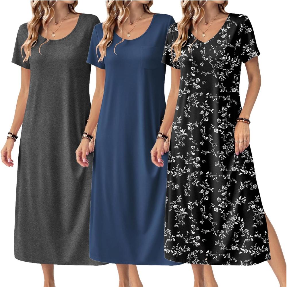 imageEkouaer Long Nightgowns for Women 3 Pack Night Gown Short Sleeve House Dress V Neck Lounge Dress Plus Size Sleep ShirtsBlack FloralGreyBlue