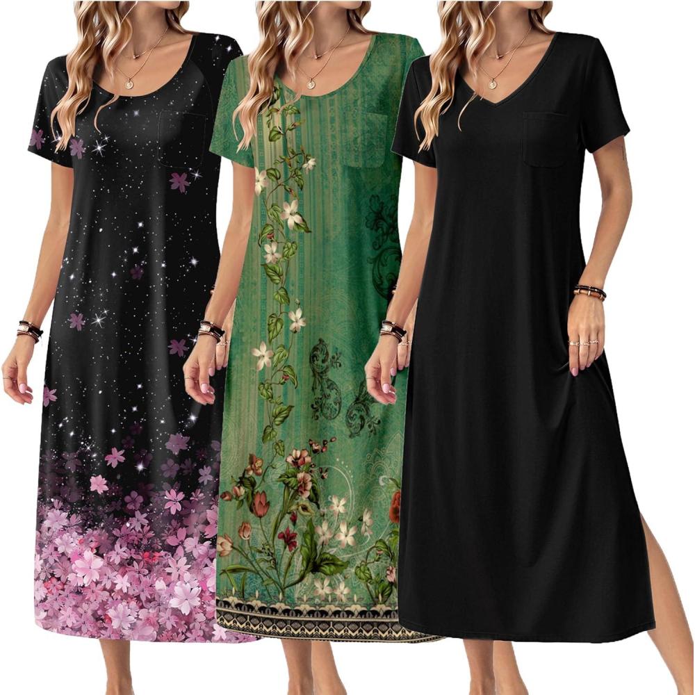 imageEkouaer Long Nightgowns for Women 3 Pack Night Gown Short Sleeve House Dress V Neck Lounge Dress Plus Size Sleep ShirtsBlackBlack Pink FloralGreen Floral