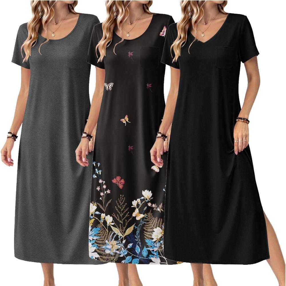 imageEkouaer Long Nightgowns for Women 3 Pack Night Gown Short Sleeve House Dress V Neck Lounge Dress Plus Size Sleep ShirtsBlackGreyBlack Butterfly