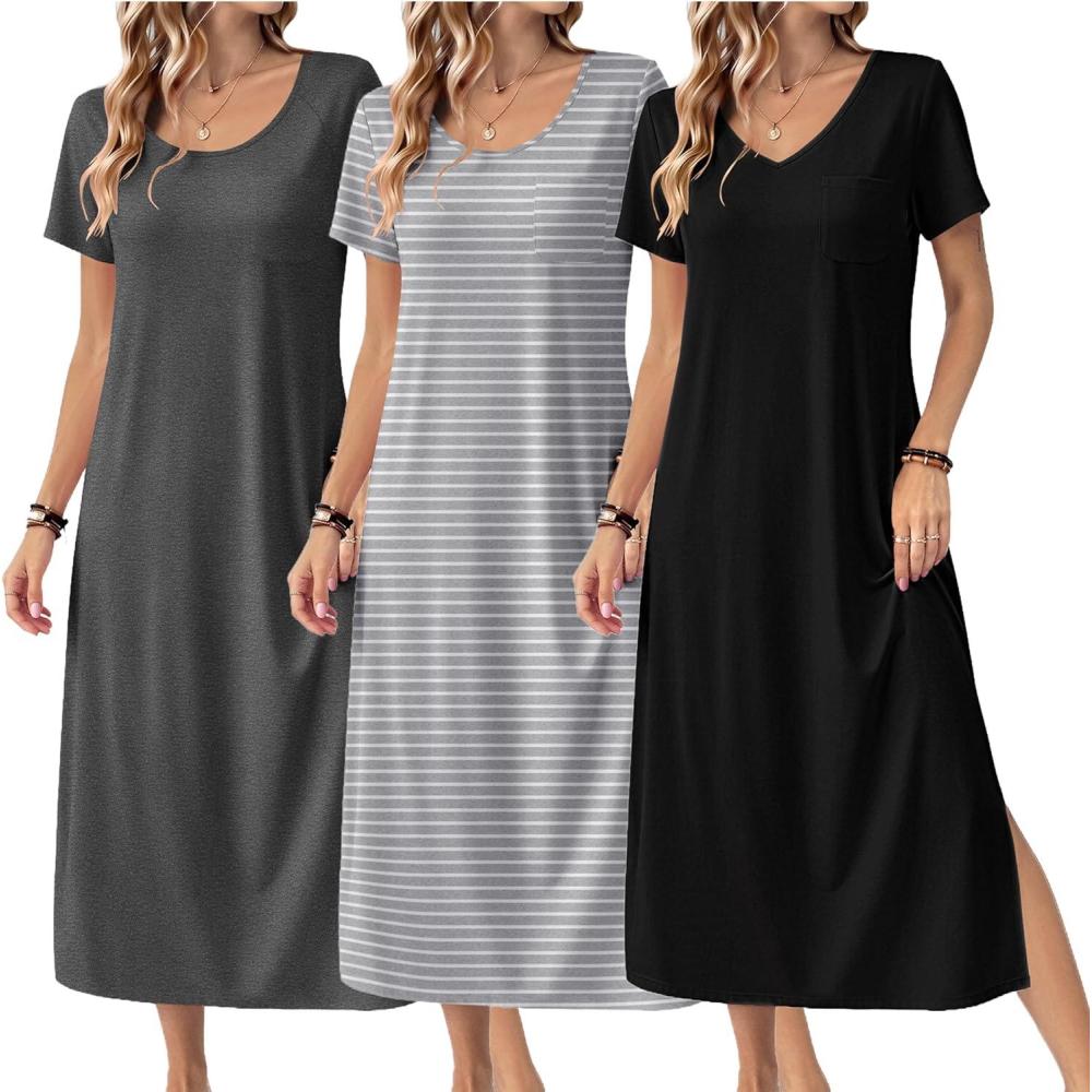 imageEkouaer Long Nightgowns for Women 3 Pack Night Gown Short Sleeve House Dress V Neck Lounge Dress Plus Size Sleep ShirtsBlackGreyGrey Stripe