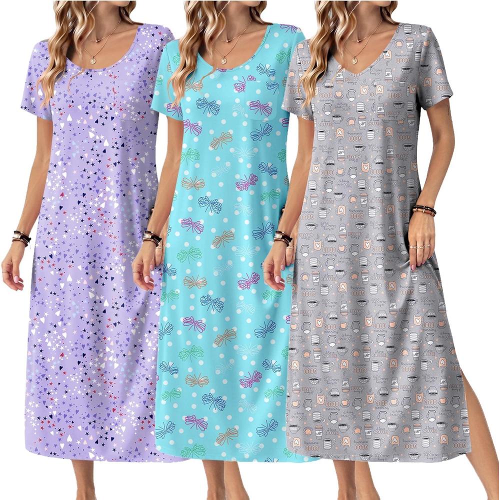 imageEkouaer Long Nightgowns for Women 3 Pack Night Gown Short Sleeve House Dress V Neck Lounge Dress Plus Size Sleep ShirtsGrey CoffeePurple StarBlue Butterfly