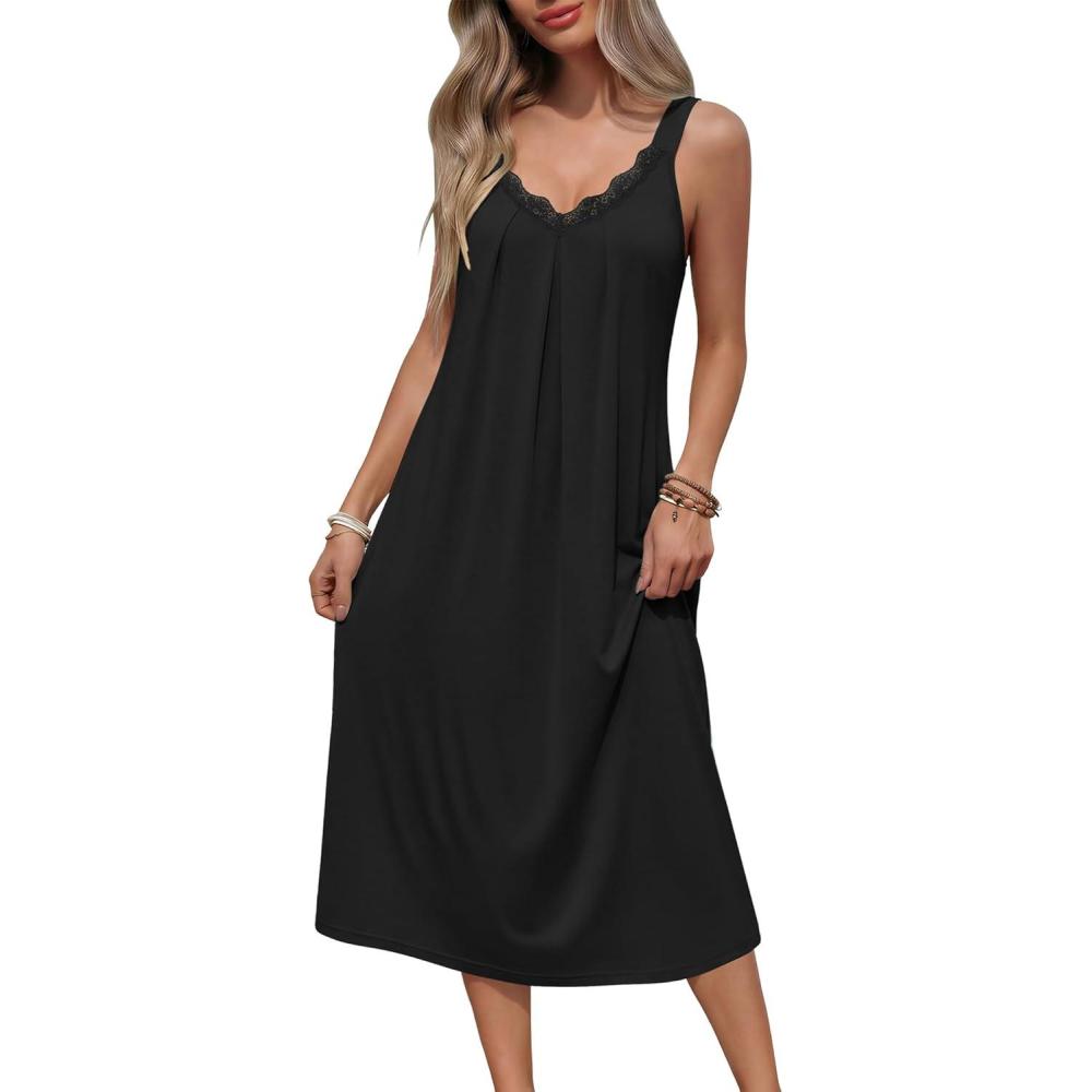 imageEkouaer Sleeveless Nightgowns for Women Lace Vneck Long Nightdress Wide Strap Sleepwear Soft Lounge DressesBlack