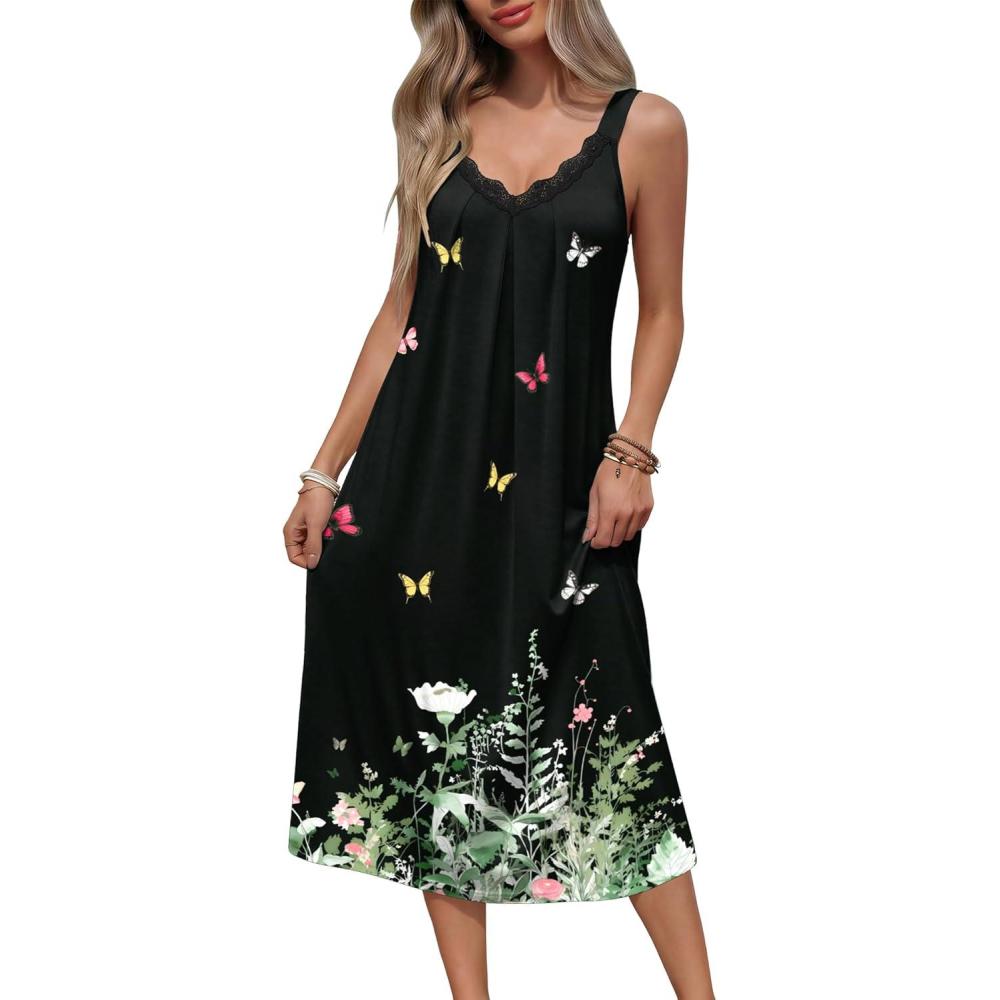 imageEkouaer Sleeveless Nightgowns for Women Lace Vneck Long Nightdress Wide Strap Sleepwear Soft Lounge DressesBlack Butterfly