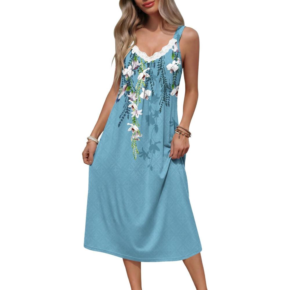 imageEkouaer Sleeveless Nightgowns for Women Lace Vneck Long Nightdress Wide Strap Sleepwear Soft Lounge DressesBlue Flower