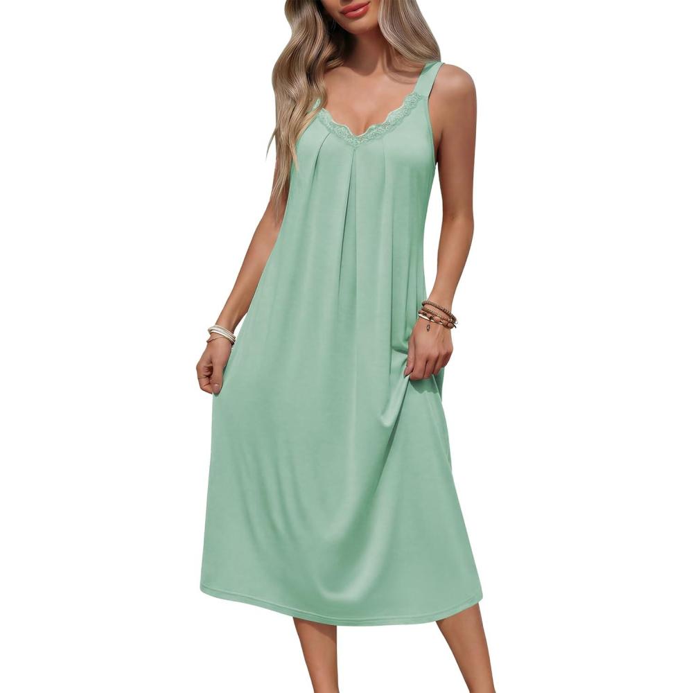 imageEkouaer Sleeveless Nightgowns for Women Lace Vneck Long Nightdress Wide Strap Sleepwear Soft Lounge DressesLight Green