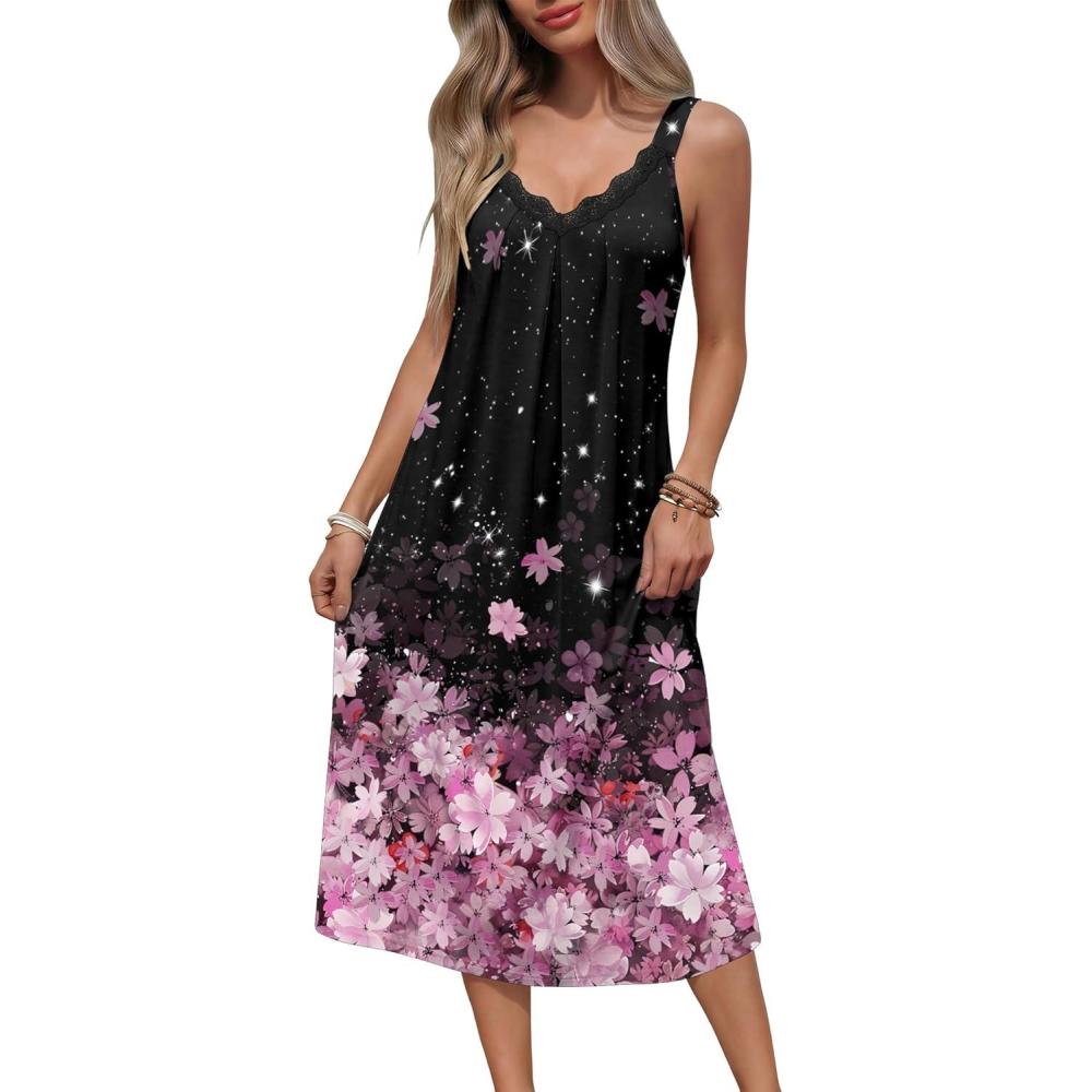 imageEkouaer Sleeveless Nightgowns for Women Lace Vneck Long Nightdress Wide Strap Sleepwear Soft Lounge DressesPink Floral