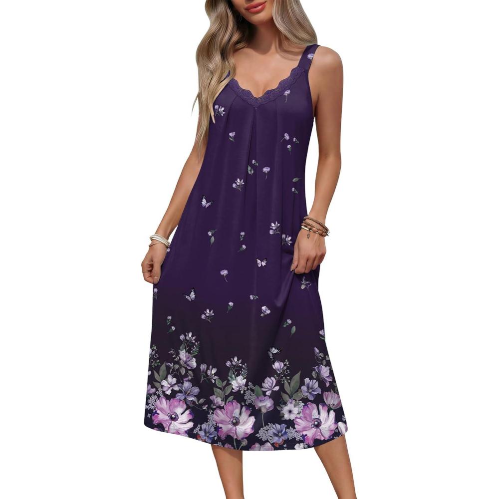 imageEkouaer Sleeveless Nightgowns for Women Lace Vneck Long Nightdress Wide Strap Sleepwear Soft Lounge DressesPurple Floral