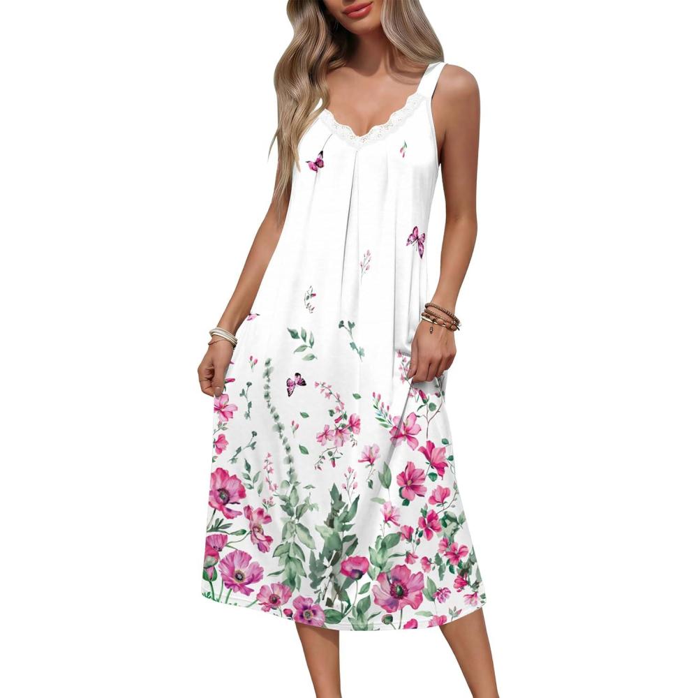 imageEkouaer Sleeveless Nightgowns for Women Lace Vneck Long Nightdress Wide Strap Sleepwear Soft Lounge DressesWhite Floral
