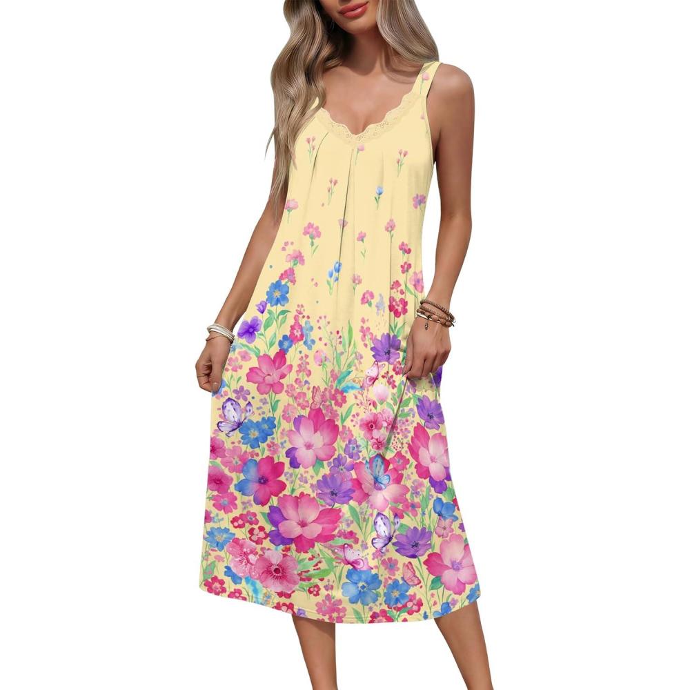 imageEkouaer Sleeveless Nightgowns for Women Lace Vneck Long Nightdress Wide Strap Sleepwear Soft Lounge DressesYellow Floral