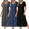 Ekouaer Long Nightgowns for Women 3 Pack Night Gown Short Sleeve House Dress V Neck Lounge Dress Plus Size Sleep Shirts(Black/Grey/Blue)