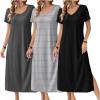 Ekouaer Long Nightgowns for Women 3 Pack Night Gown Short Sleeve House Dress V Neck Lounge Dress Plus Size Sleep Shirts(Black/Grey/Grey Stripe)