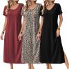Ekouaer Long Nightgowns for Women 3 Pack Night Gown Short Sleeve House Dress V Neck Lounge Dress Plus Size Sleep Shirts(Black/Wine Red/Leopard)